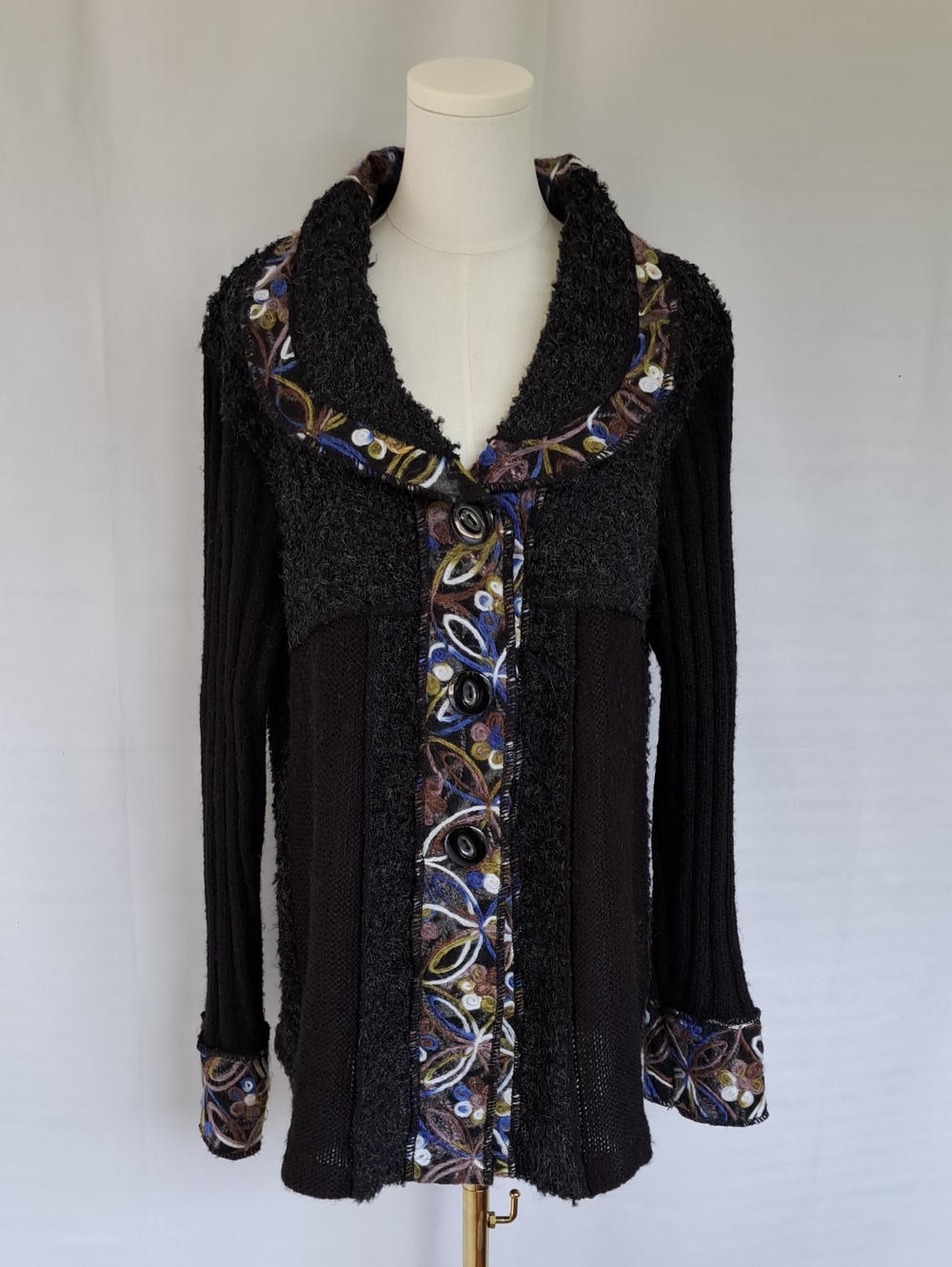 Sioni Black Floral Embroidered Funky Whimsy Art To Wear Cardigan Sweater - XL